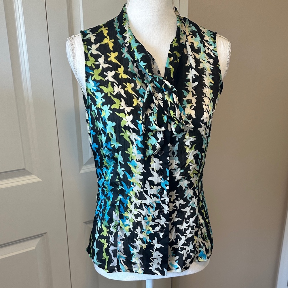 Chic Butterfly Sleeveless Blouse - Black, Blue, Green
